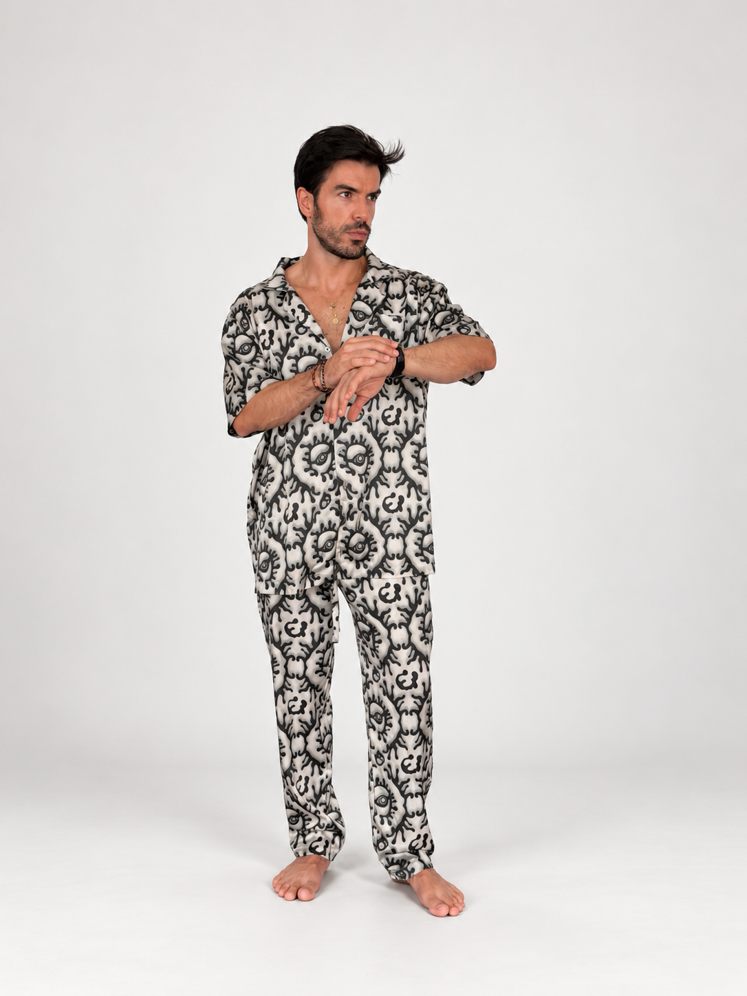 Beige Greek Eye SILK Set for Men / Party Pajama  PRE SALE