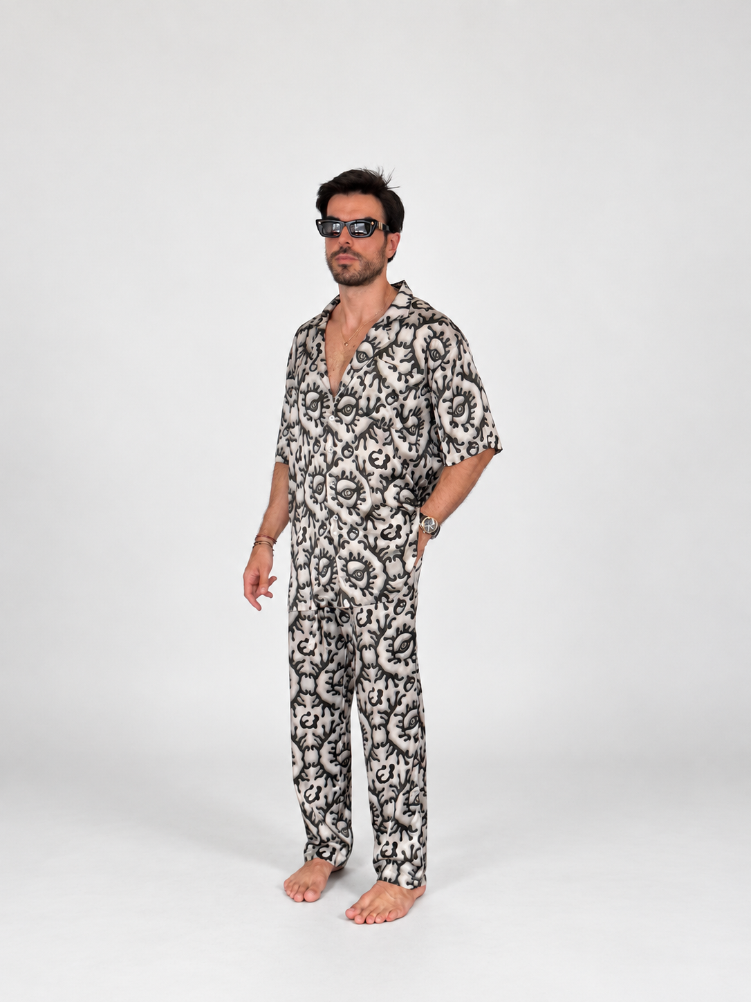 Beige Greek Eye SILK Set for Men / Party Pajama  PRE SALE