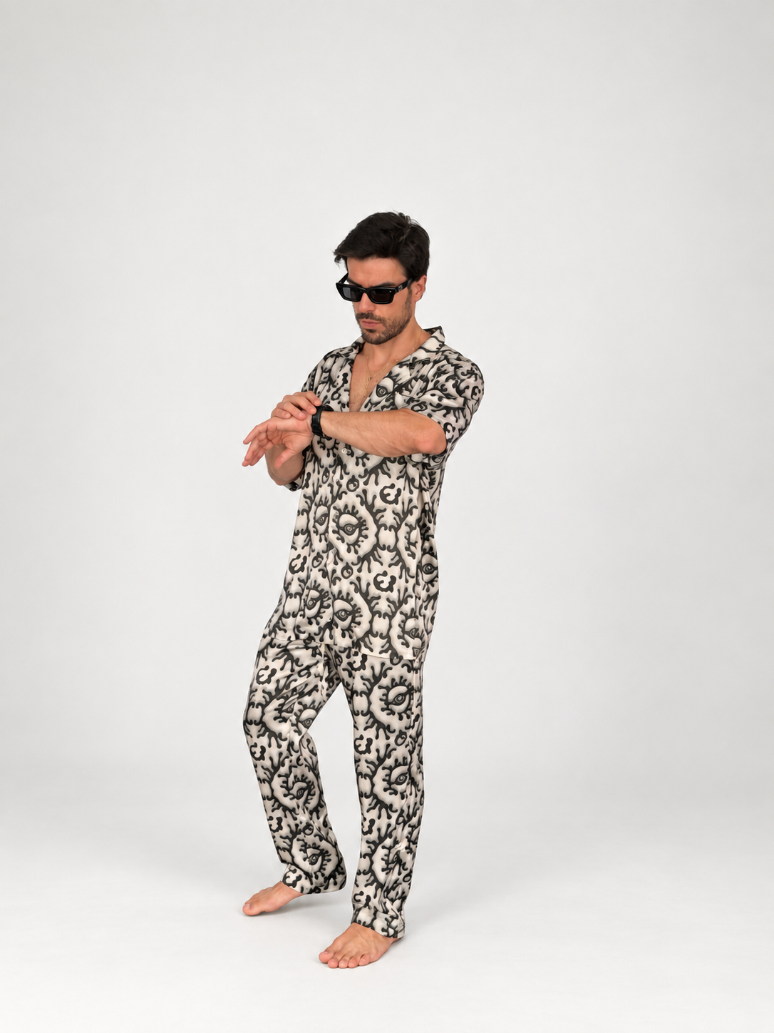 Beige Greek Eye SILK Set for Men / Party Pajama  PRE SALE