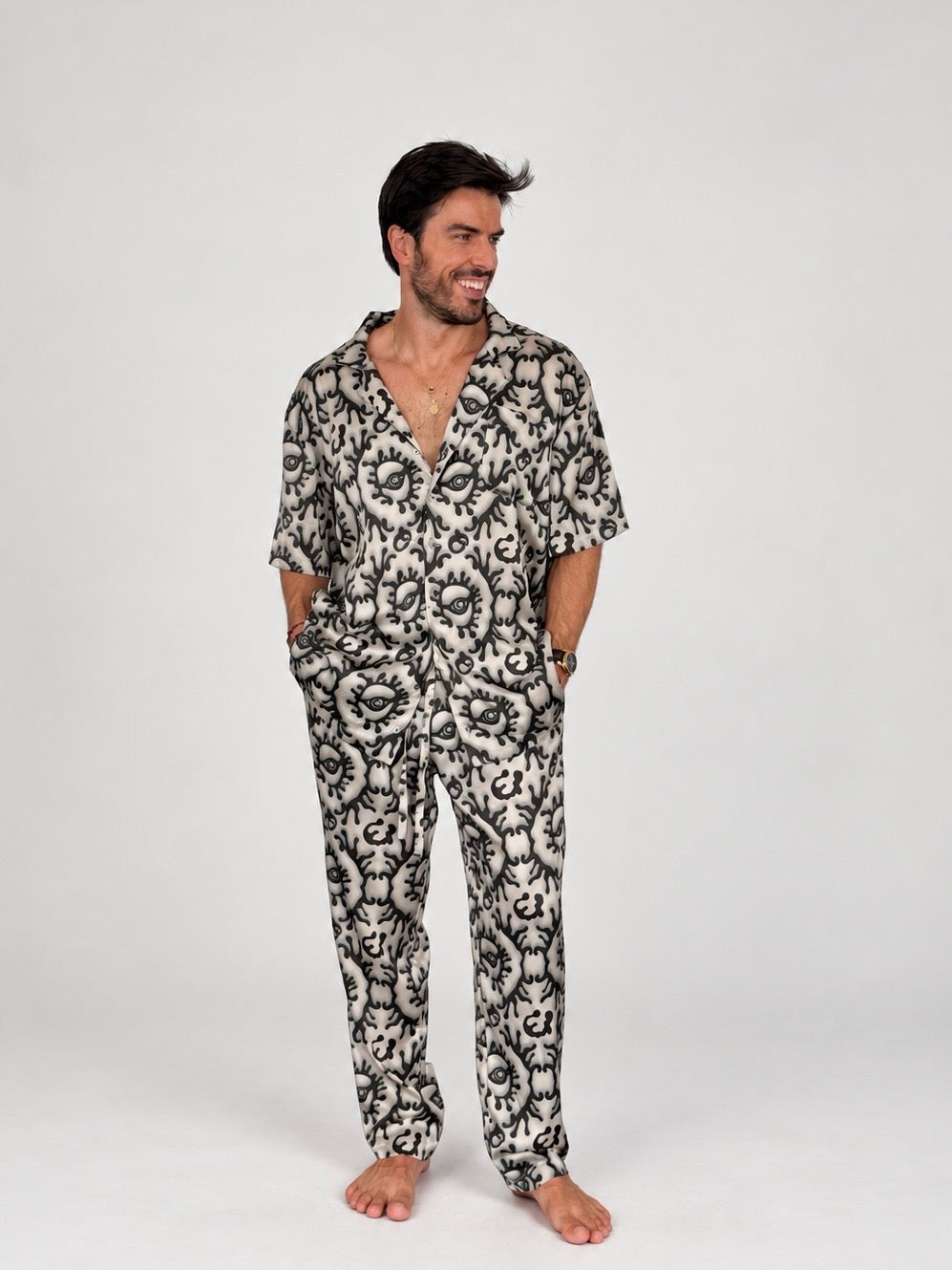 Beige Greek Eye SILK Set for Men / Party Pajama  PRE SALE
