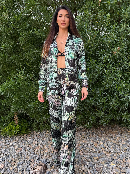 Luxury Silk Set for Women - Party pajama - Green and Black