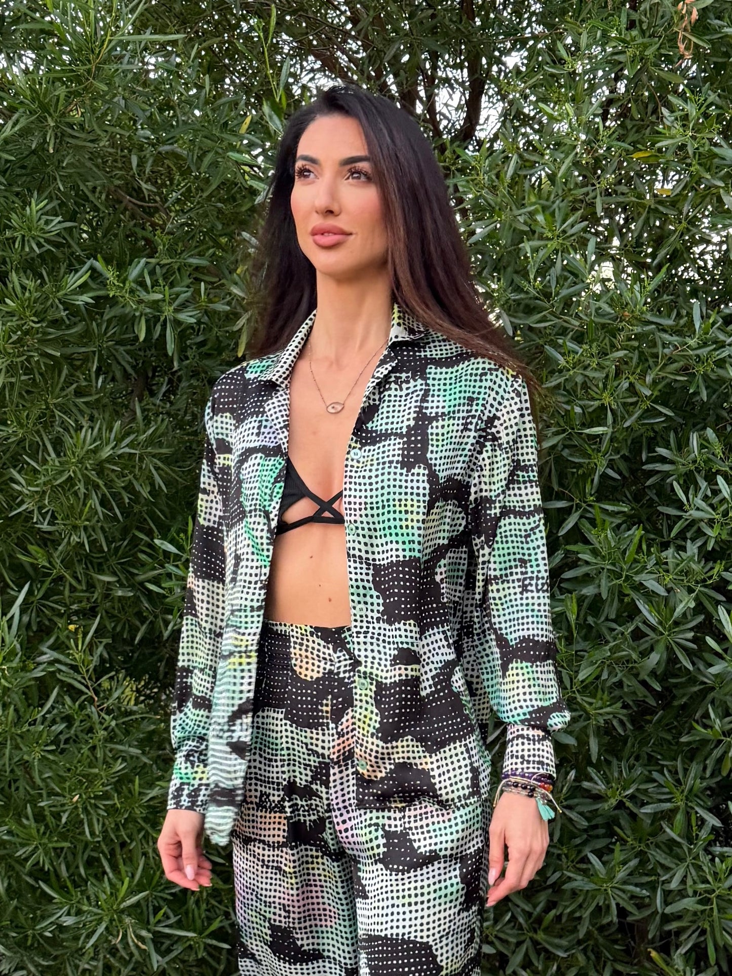 Luxury Silk Set for Women - Party pajama - Green and Black